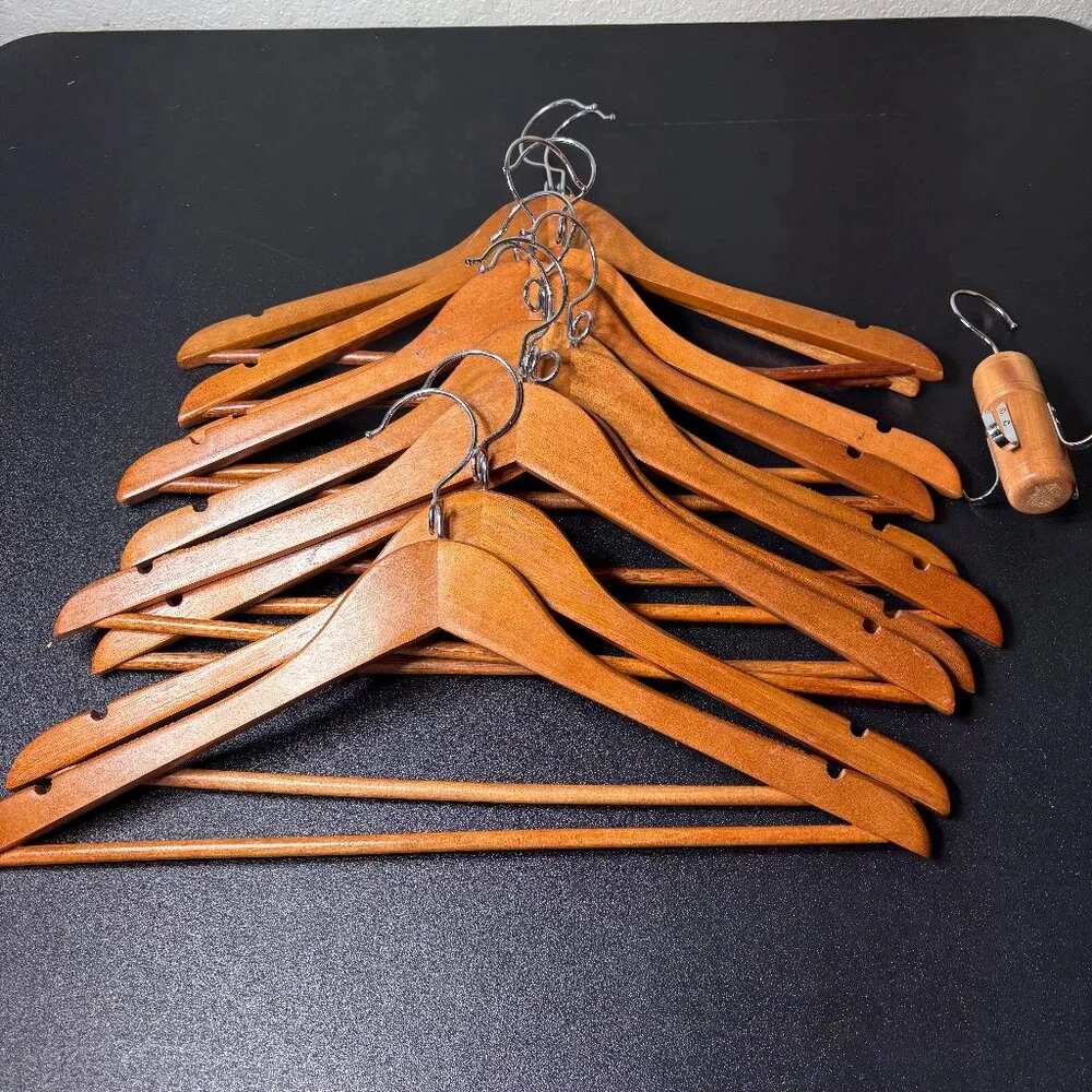 10 Wooden Hangers & 1 Wooden Belt Hanger